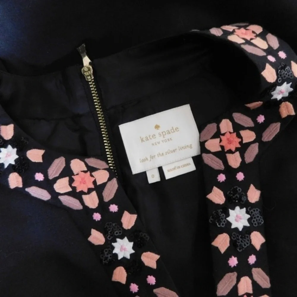 KATE SPADE Black Mosaic Embellished Embroidered Midi Dress Fit N' Flare Size 0‎